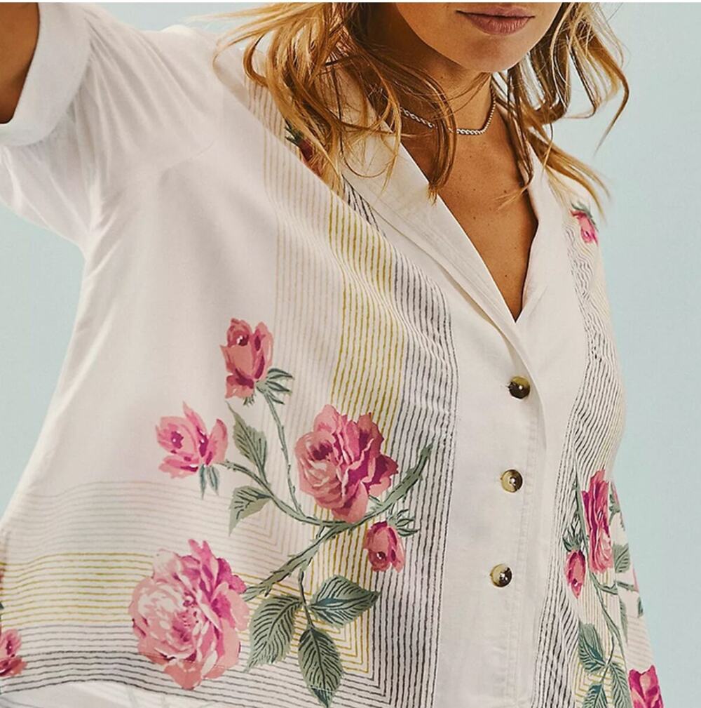 We The Free XS Oversized Big Blooms Button Up Flowy Shirt Stripe Rose